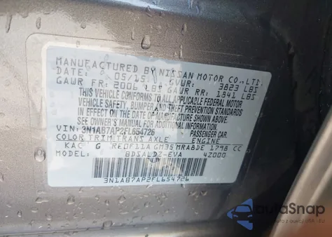 2015 Nissan Sentra Fe+ S/S/Sl/Sr/Sv z USA, uszkodzony, nr VIN 3N1AB7AP2FL654726